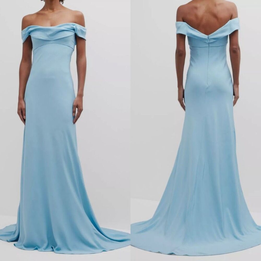 MONIQUE LHUILLIER Draped Off-the-shoulder Silk Gown In Sky Blue Size US12 $4795
